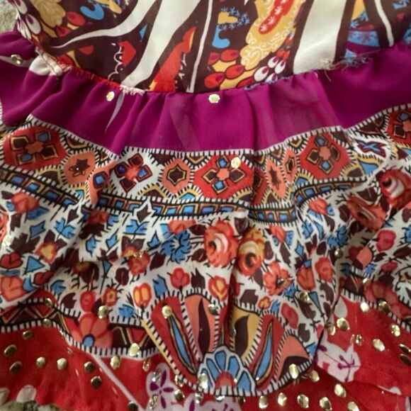 Cache BOHO Tiered Gypsy Festival Colorful Beaded Smock Waist Midi Skirt SZ Large - Picture 6 of 14
